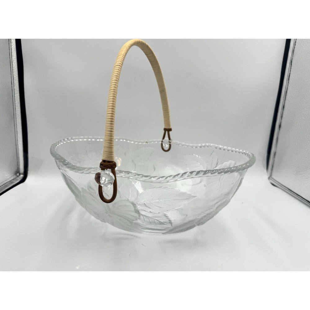 Vintage Glass Bowl Poinsettia Basket Handle Christmas Decor Frosted Crystal